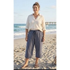 NEW Land 'N Sea Capri Pants Women 2X Linen Blend Wide Leg Blue Stripe Casual